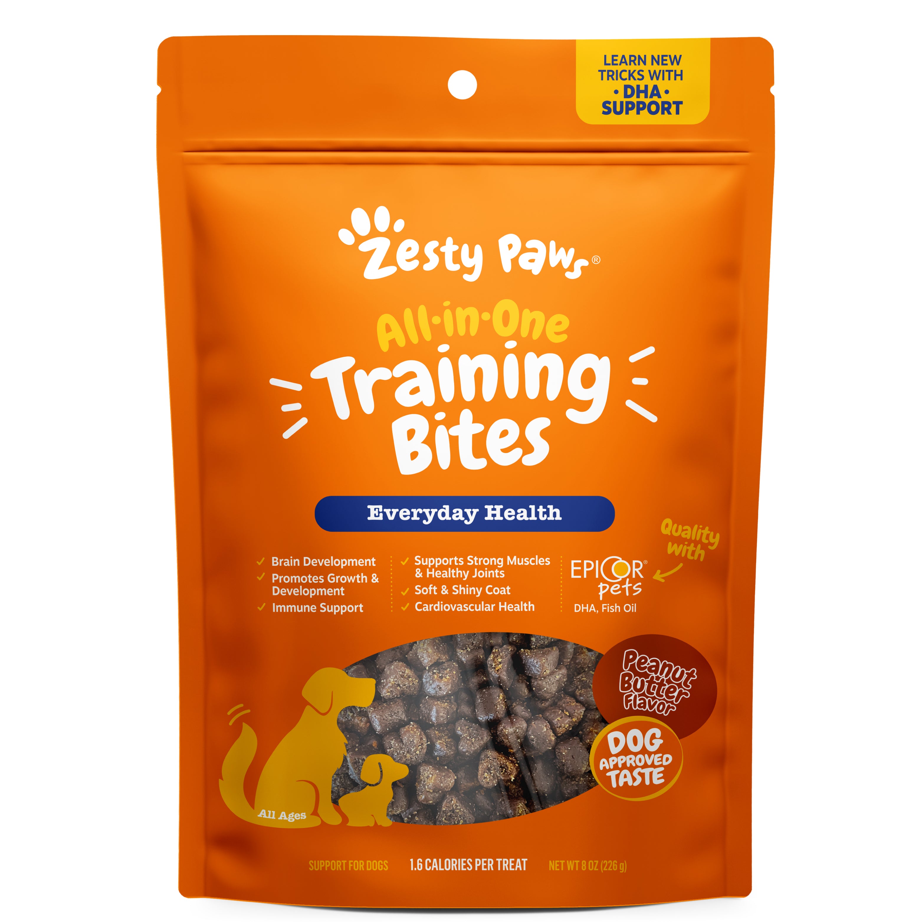 Orange Zesty Paw training bites pouch with peanut butter flavor, showing small brown treat pieces through window.