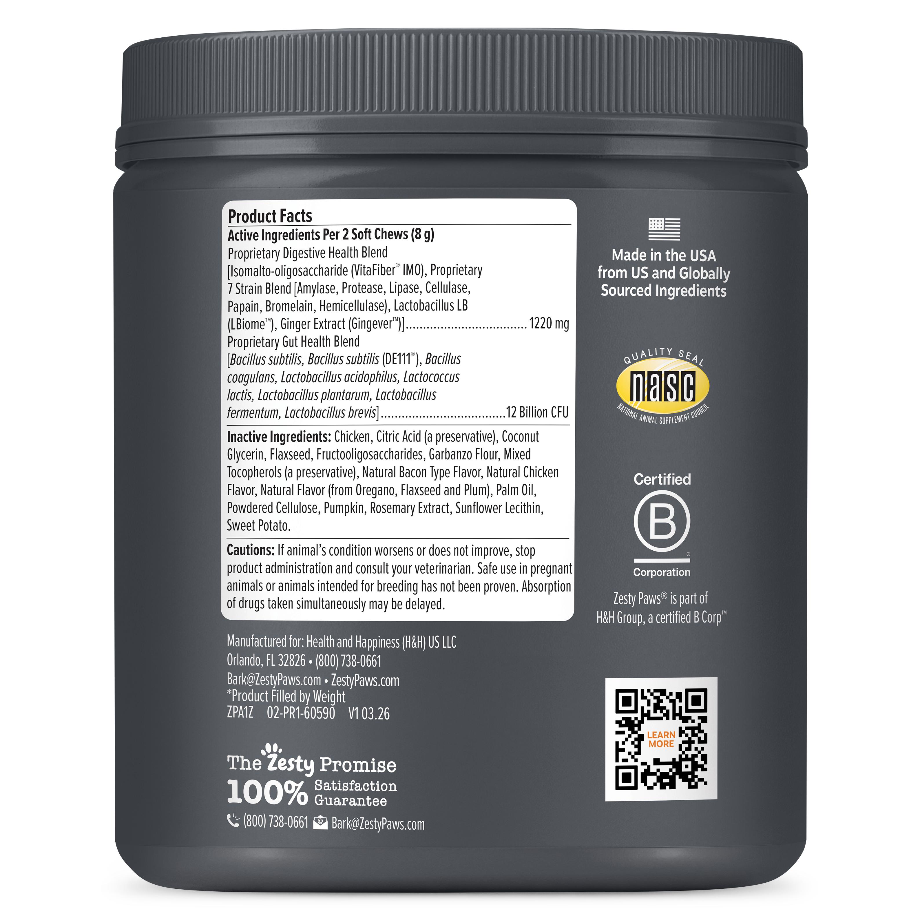 Back view of a black plastic jar of Betsy Rose Pet Health Blend with detailed product facts, certifications, and a QR code on a white background.