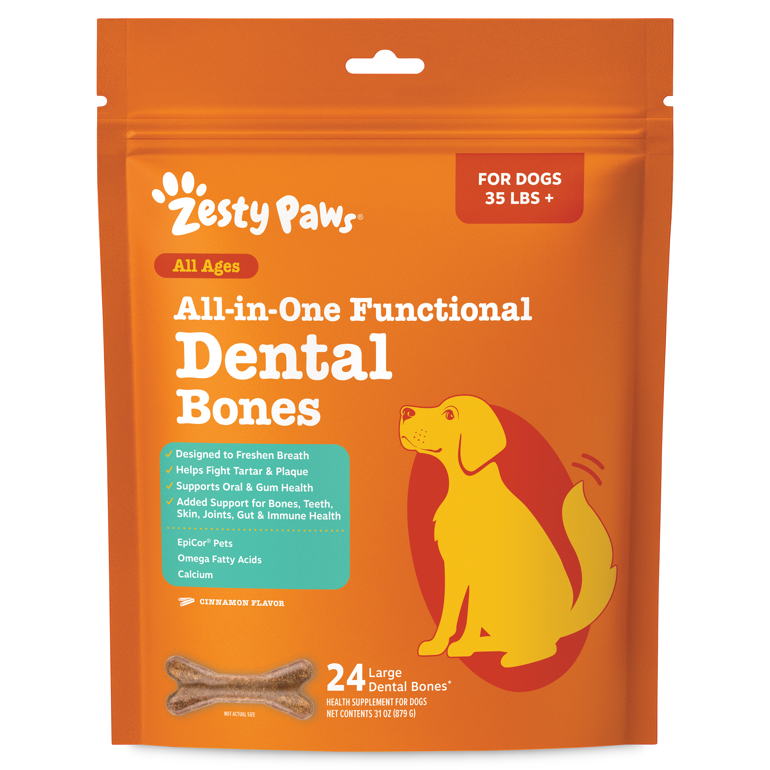 Orange Zesty Paws dental bones package for large dogs 35 lbs and up, containing 24 bone-shaped treats.