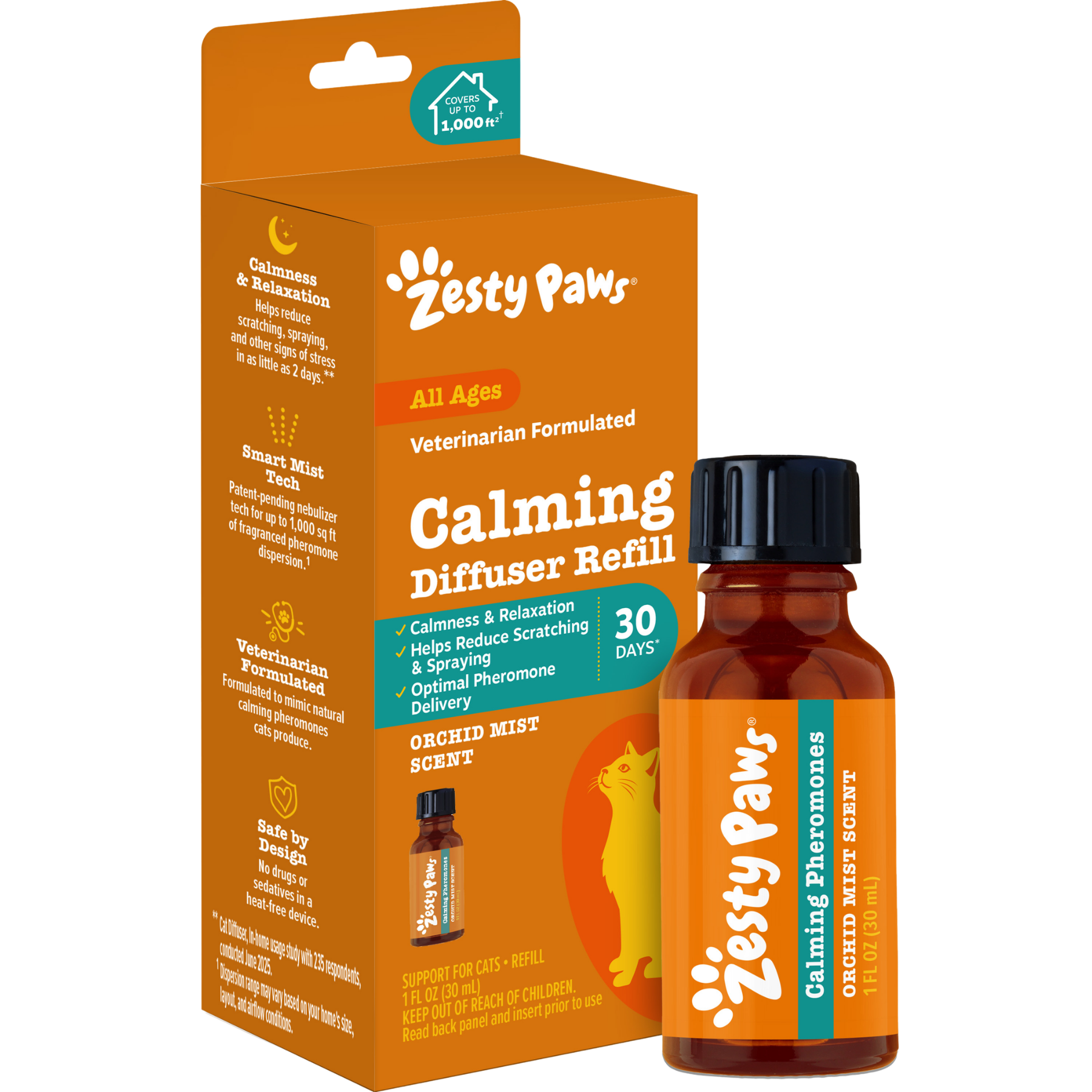 Zesty Paws orange boxed cat calming diffuser refill with dark-capped amber bottle labeled for orchid mist scent.