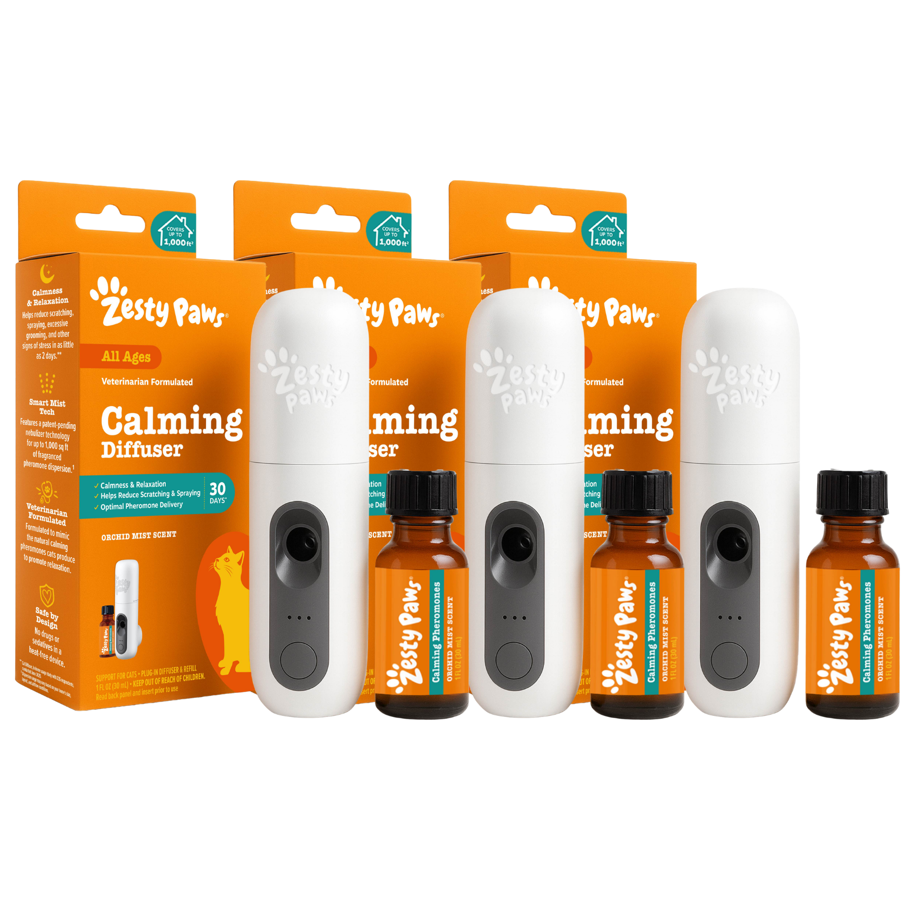 Zesty Paws calming diffuser starter kit with three white diffusers, three amber bottles, and orange packaging boxes.