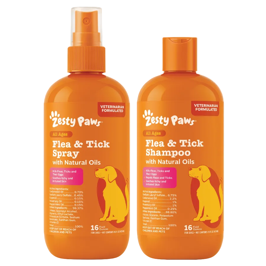 Zesty Paws flea and tick spray and shampoo bottles with orange labels and yellow dog silhouettes.