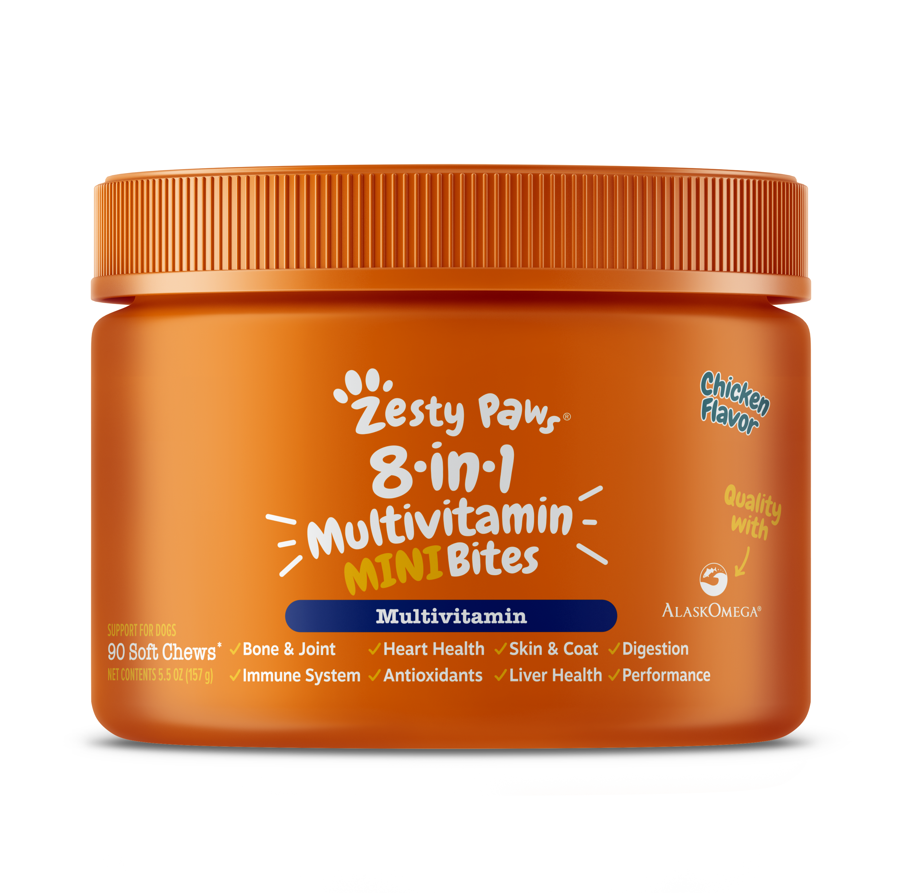 Orange plastic jar of Zesty Paw 8-in-1 Multivitamin Mini Bites with orange ribbed cap, chicken flavor label, and benefit icon