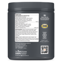 Back view of a black plastic jar of Betsy Rose Pet Health Blend with detailed product facts, certifications, and a QR code on a white background.