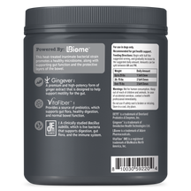 Back view of a dark gray Biome supplement jar with a black lid, showing product details, ingredients, usage directions, and a barcode on a white background.