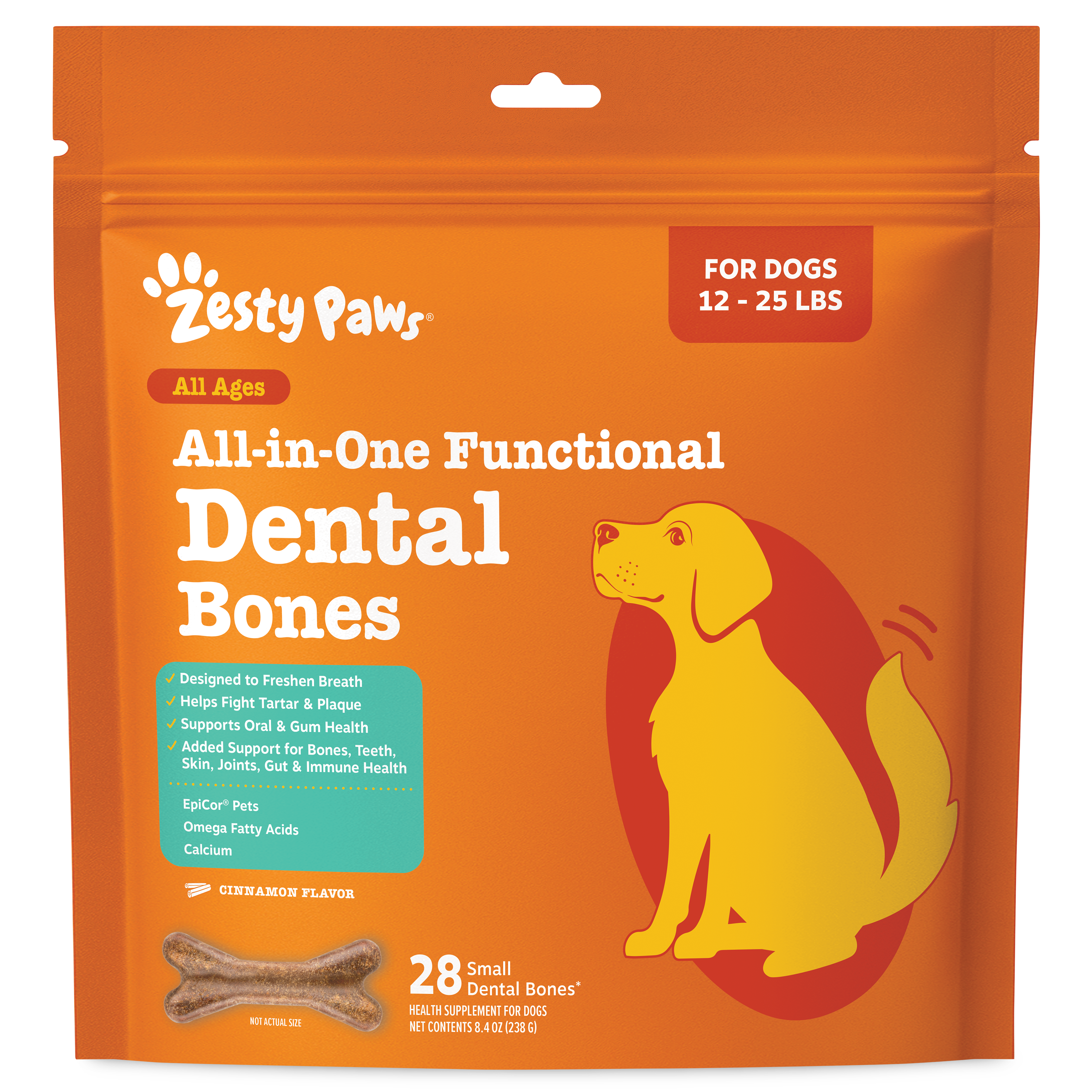 Orange package of Zesty Paws Dental Bones for small dogs, featuring 28 small cinnamon-flavored bone treats and illustrated ye