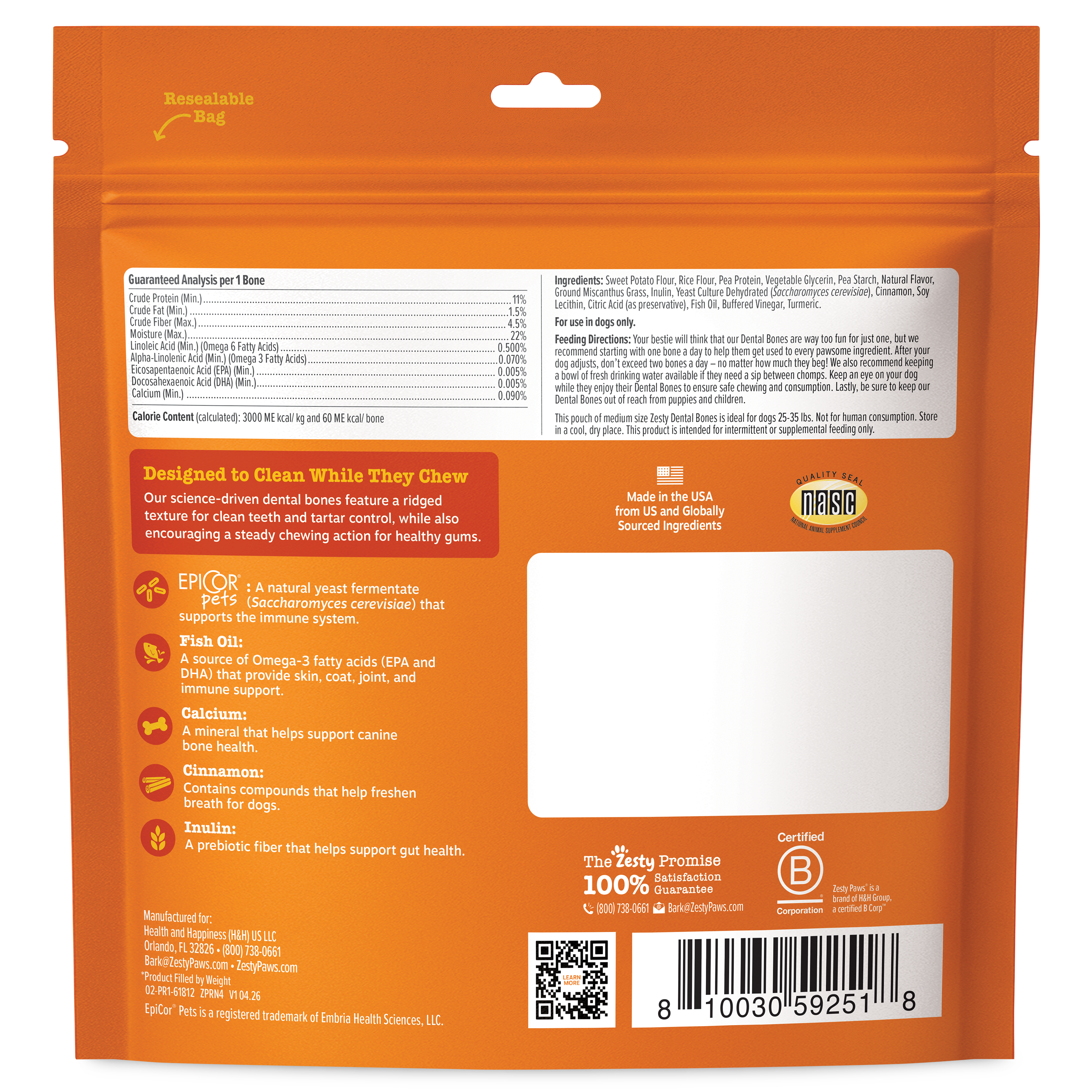 Orange resealable bag of Dental Bones for medium dogs with nutritional information, ingredient details, and product features 