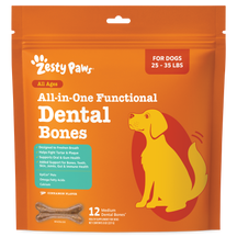 Orange resealable pouch of Zesty Paws dental bones for medium dogs with cinnamon flavor and illustrated yellow dog.