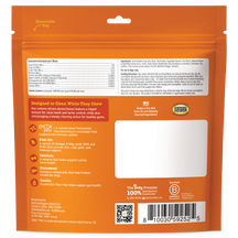 Orange resealable bag of large dental bones for dogs with ridged texture, ingredient list, and product information on front.