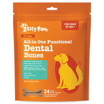Orange Zesty Paws dental bones package for large dogs 35 lbs and up, containing 24 bone-shaped treats.
