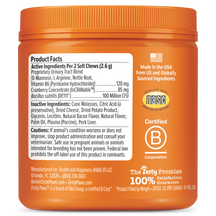 Orange jar of soft chew supplements with white product facts label, ingredient list, and certifications for feline urinary tr