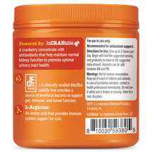 Orange jar of cat urinary tract support chews with red and white label displaying ingredients and usage instructions.