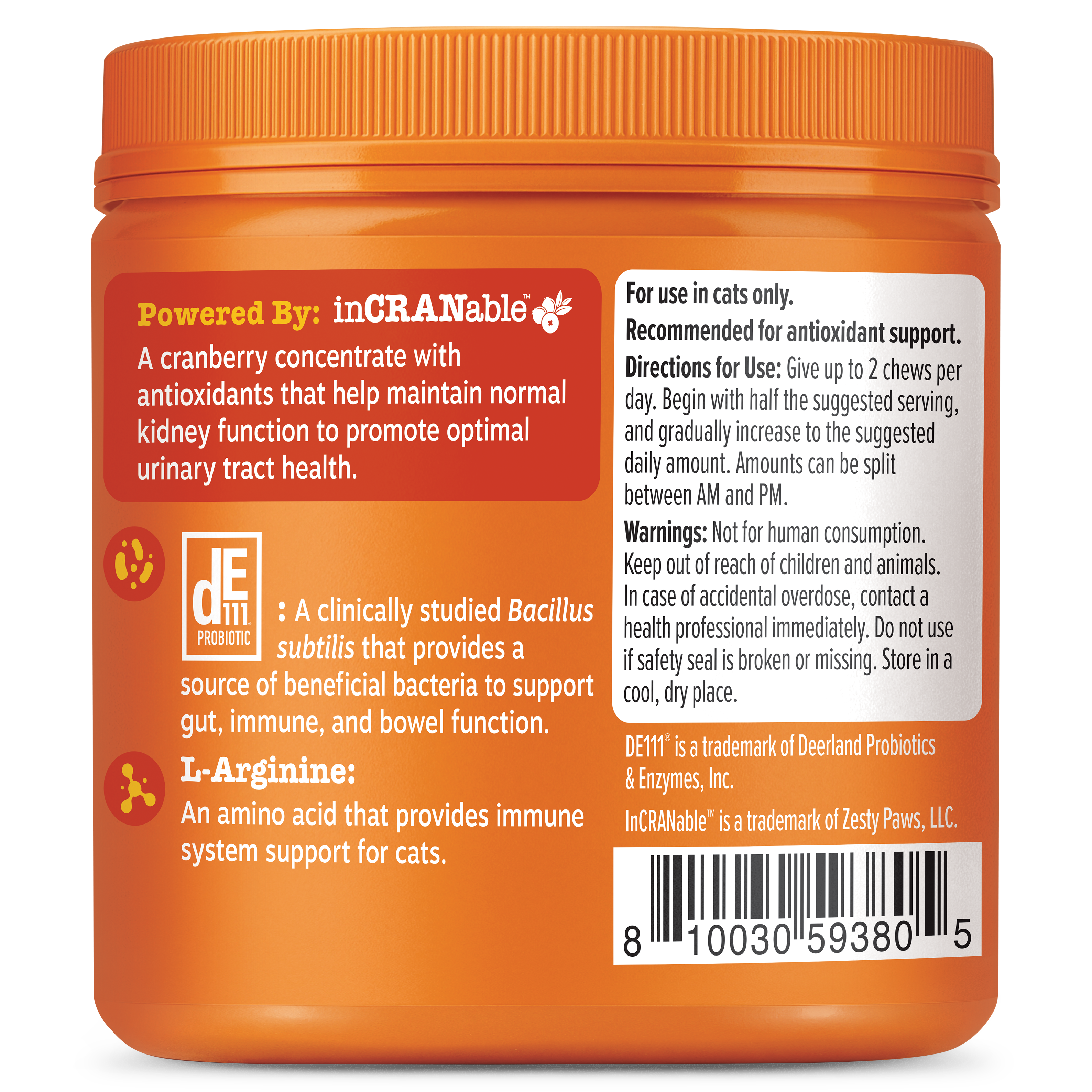 Orange jar of cat urinary tract support chews with red and white label displaying ingredients and usage instructions.