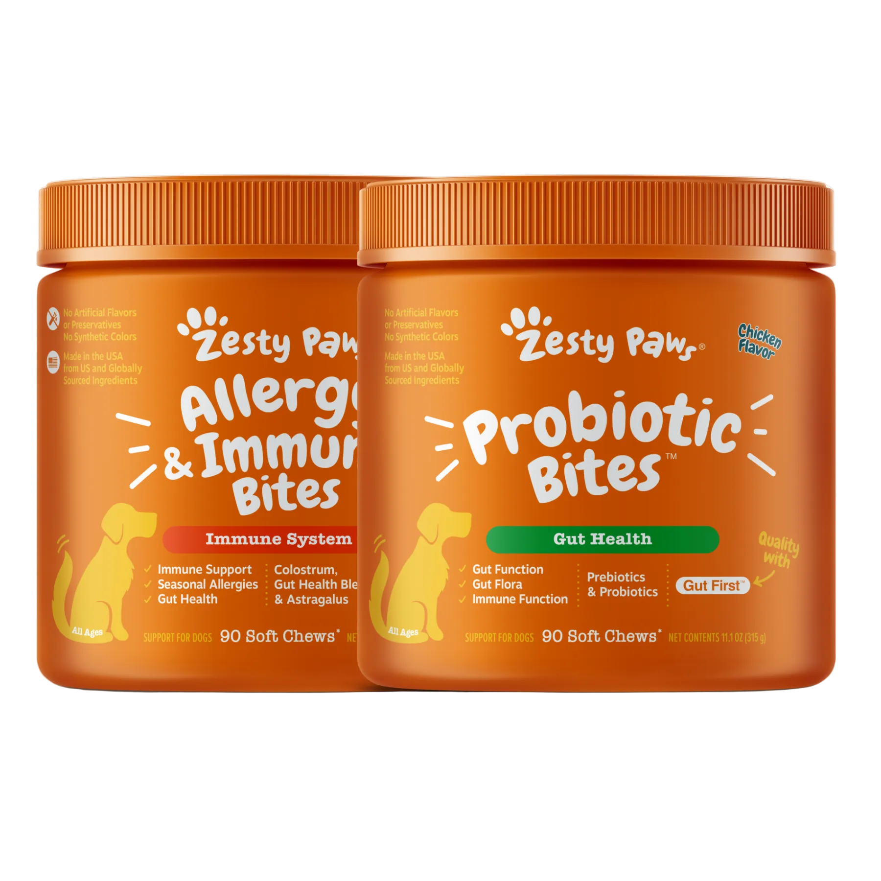 Two orange jars of Zesty Paws dog treats on a white background