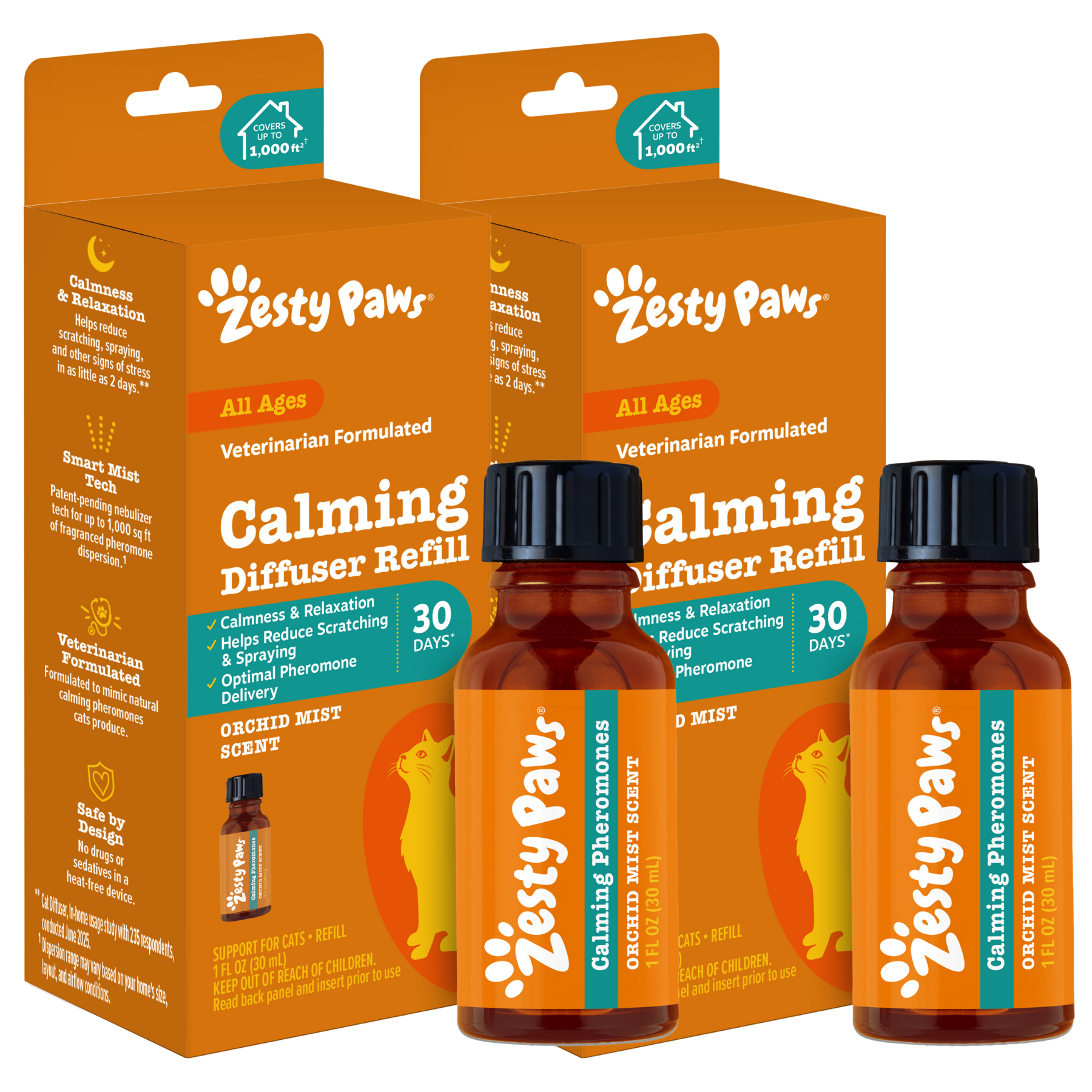 Two amber bottles with black caps labeled "Zesty Paws Calming Diffuser Refill" next to orange product packaging boxes.