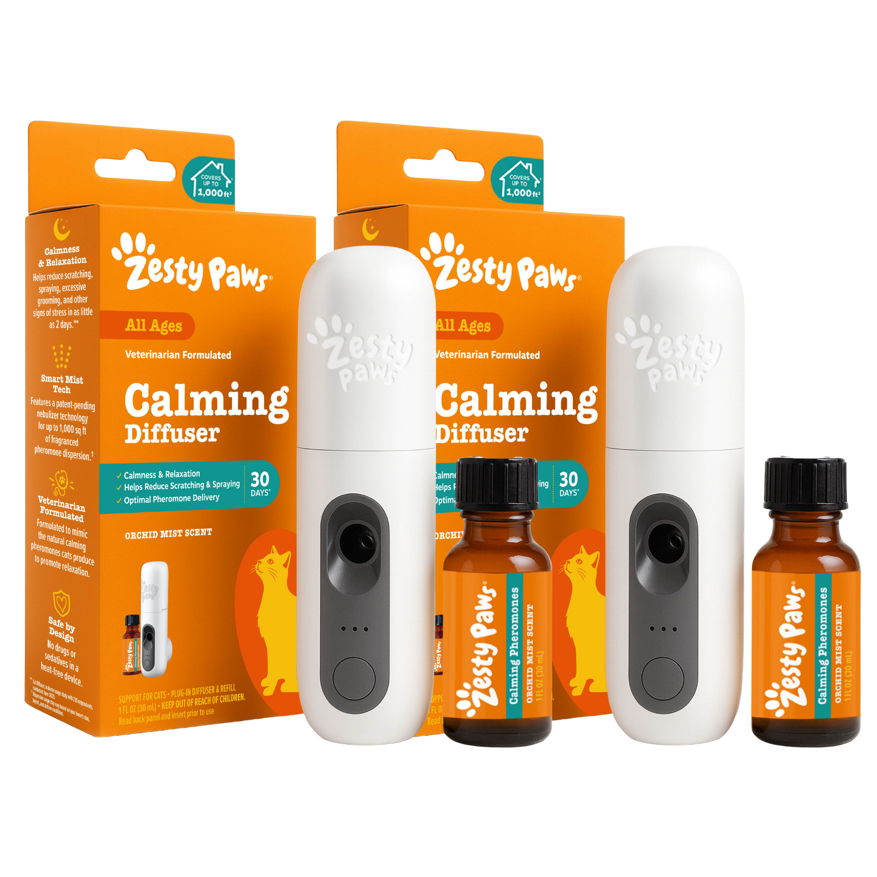 Two white ultrasonic diffusers with black buttons and two amber bottles of calming solution with black caps, displayed with o