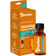 Zesty Paws orange boxed cat calming diffuser refill with dark-capped amber bottle labeled for orchid mist scent.