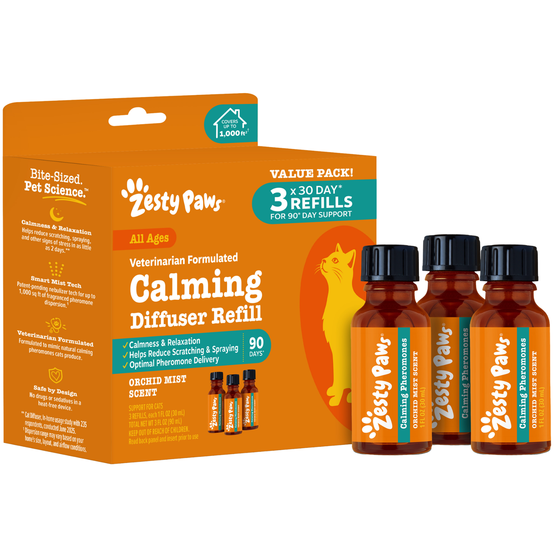 Zesty Paws calming diffuser refill pack with three amber bottles labeled "Calming & Relaxation" in orchid mist scent.