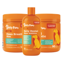 Zesty Paws pet care products including a jar, bottle, and container on a white background