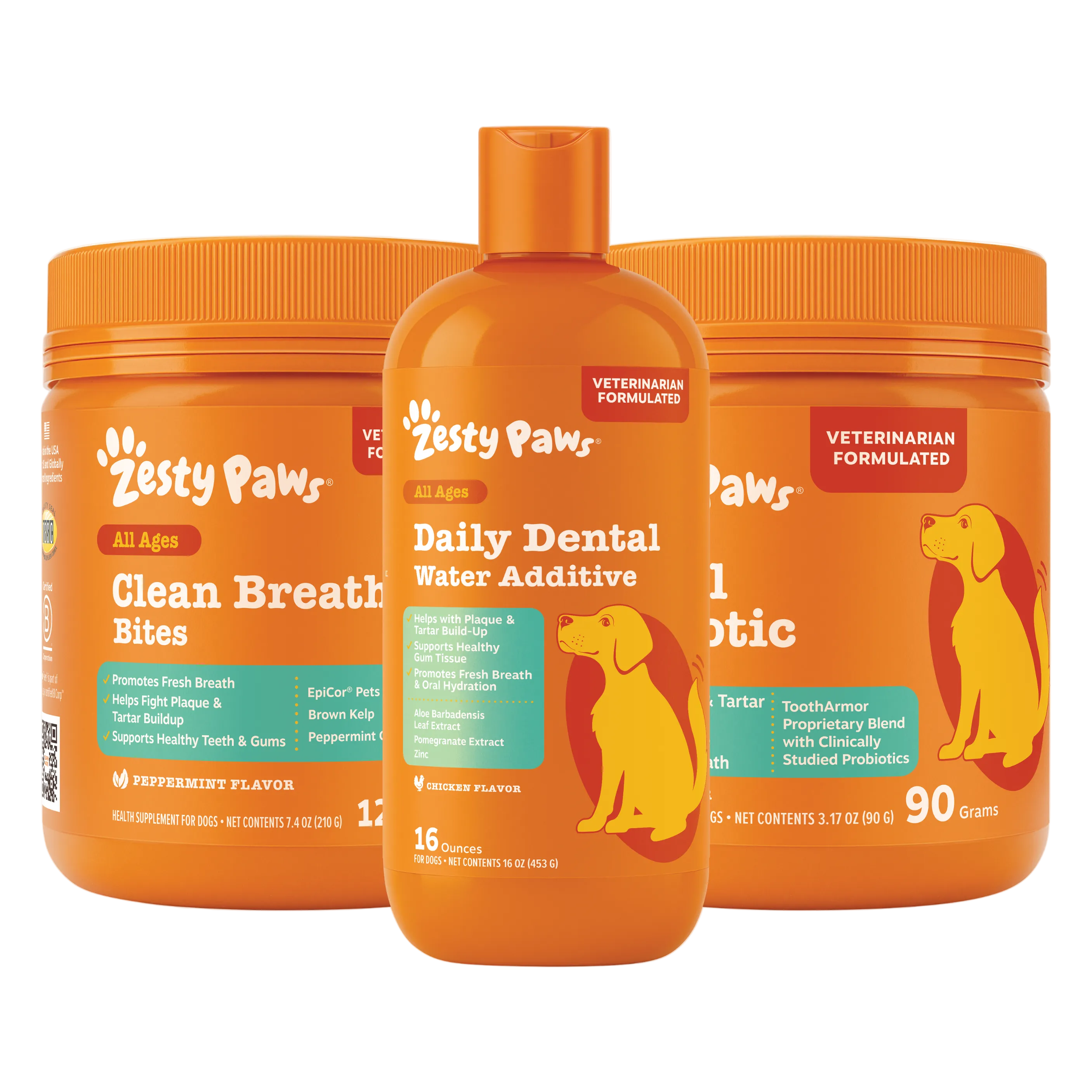 Zesty Paws pet care products including a jar, bottle, and container on a white background