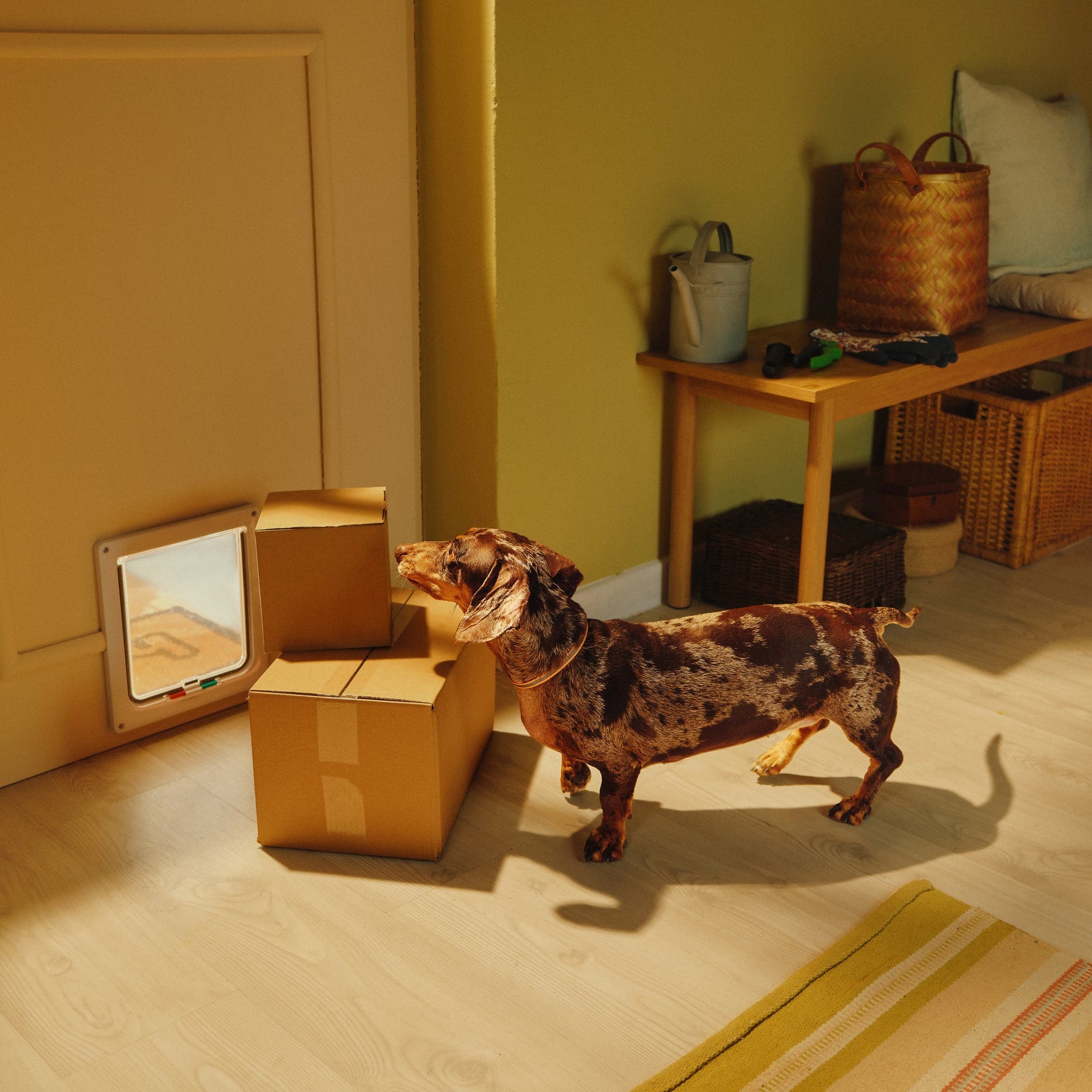 Dog standing in a room with yellow walls, wooden floor, and various items including a TV stand and boxes.